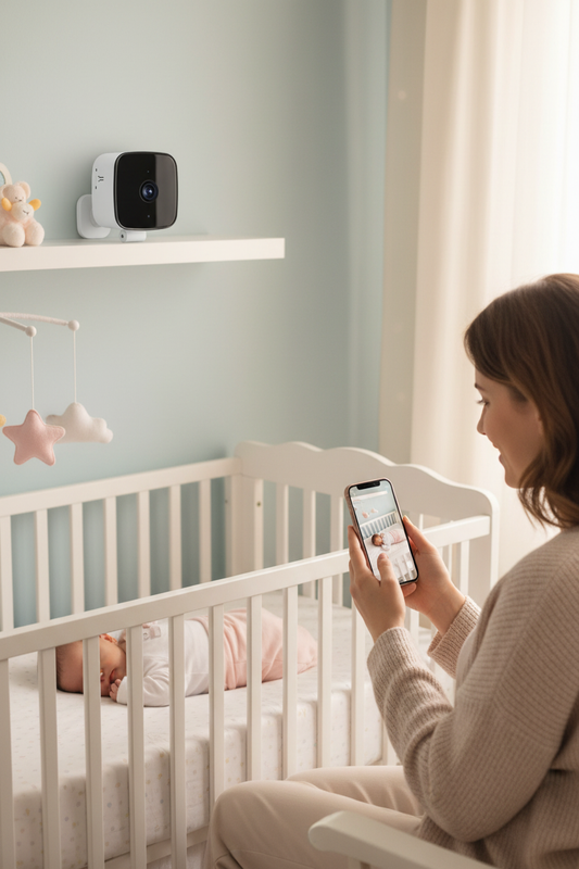 WiFi security camera as baby monitor in nursery with mother checking live feed on smartphone