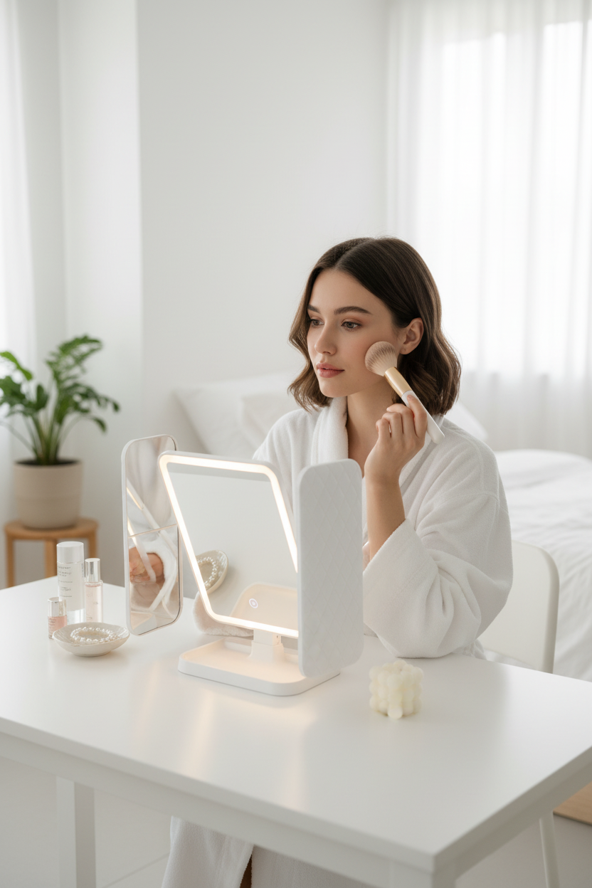 Woman doing makeup at white vanity with trifold LED mirror glowing softly