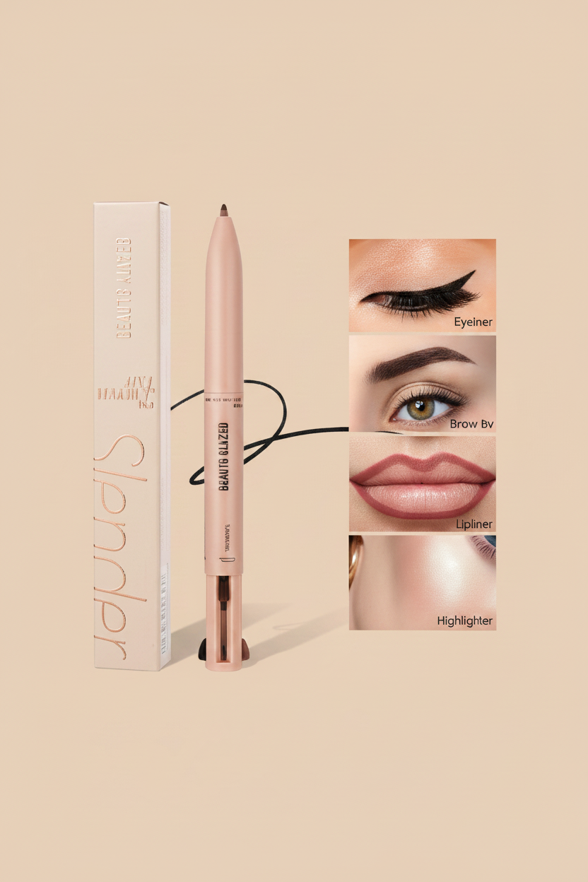 4-in-1 Beauty Glazed makeup pen showing eyeliner, brow, lip and highlighter uses