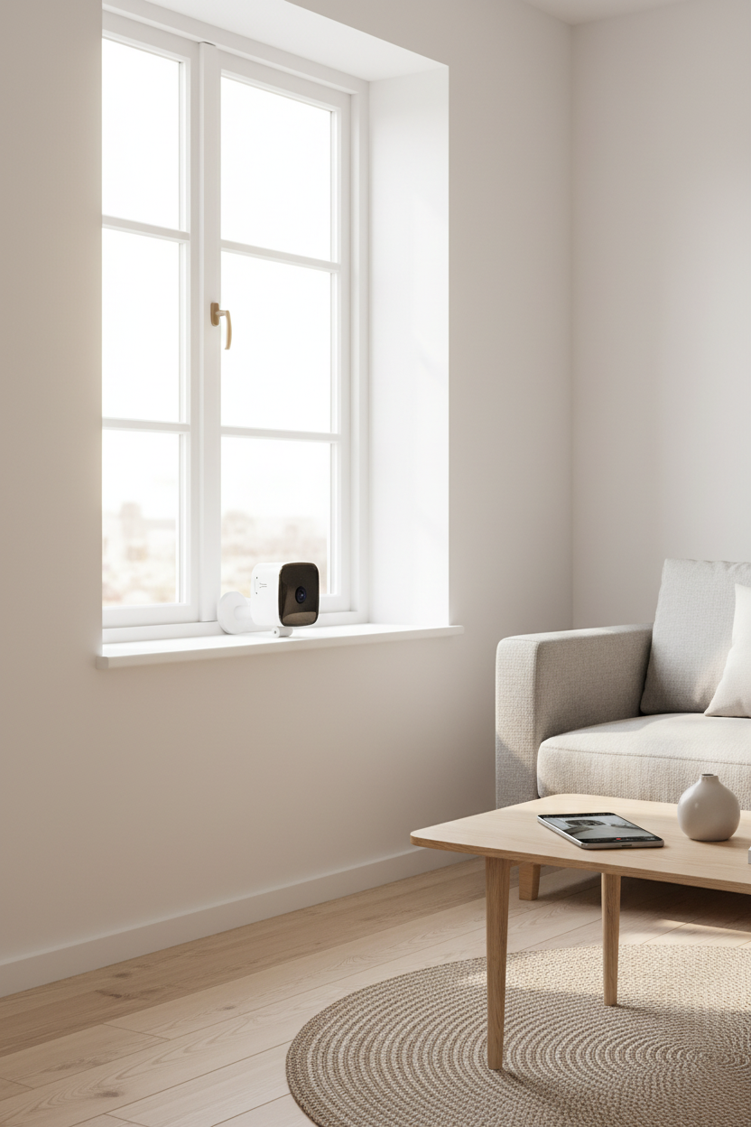 Compact white and black WiFi security camera mounted on window ledge in modern living room with smartphone showing live feed