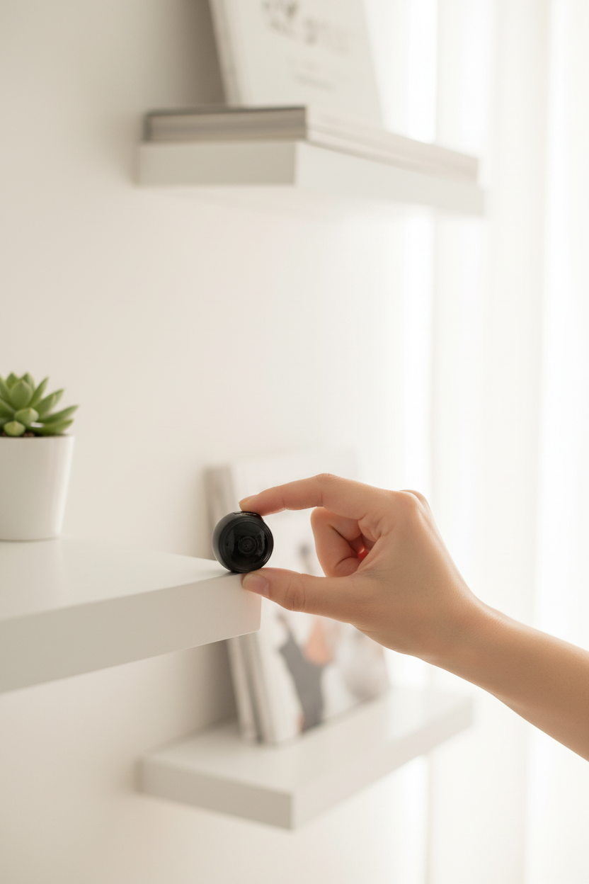 Hand placing tiny A9 mini WiFi camera the size of a marble on a white shelf in a modern living room