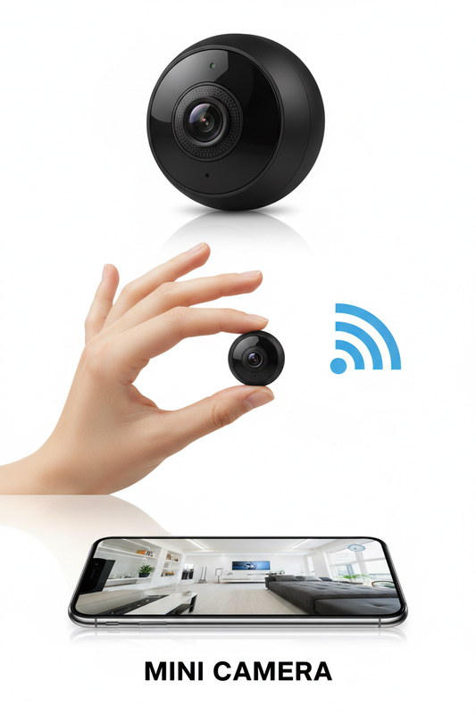 A9 mini WiFi security camera composition showing camera close-up, hand holding tiny camera with WiFi icon, and smartphone live feed