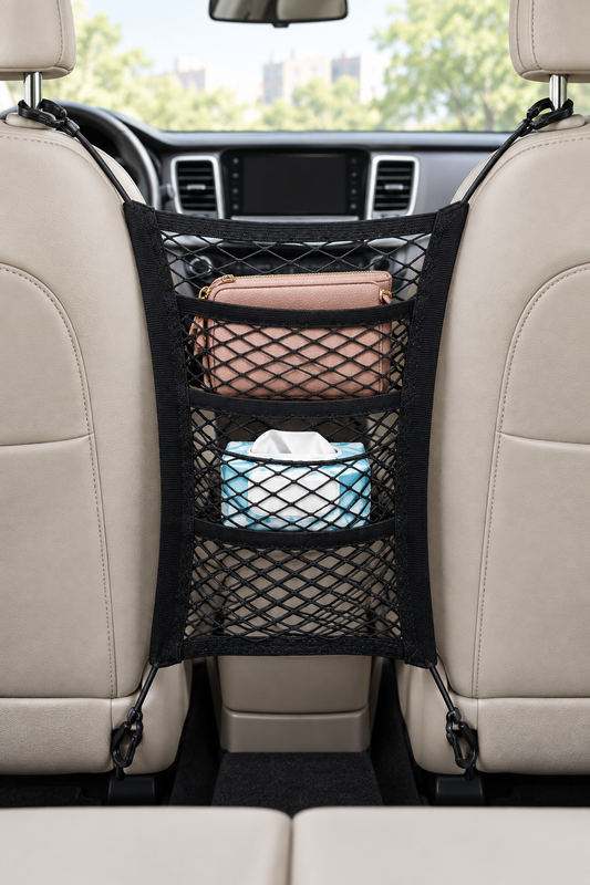 Three-layer black stretch mesh organizer spanning the space between two front seats, holding a purse and tissues.