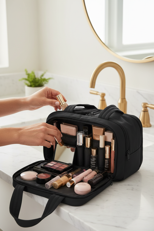 Woman organizing large black cosmetic travel bag on white marble bathroom counter with skincare and makeup products