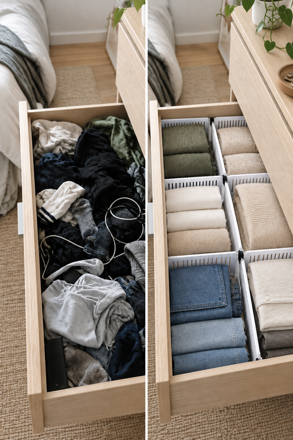 Messy drawer before and neatly organized drawer after using LULAU expandable drawer dividers