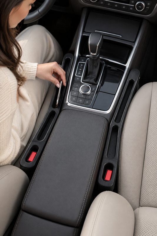 Two black car seat gap filler organizers beside the center console in a car