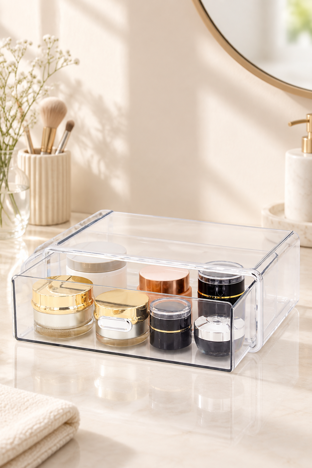 Clear makeup drawer organizer holding everyday skincare and makeup on a bright vanity.