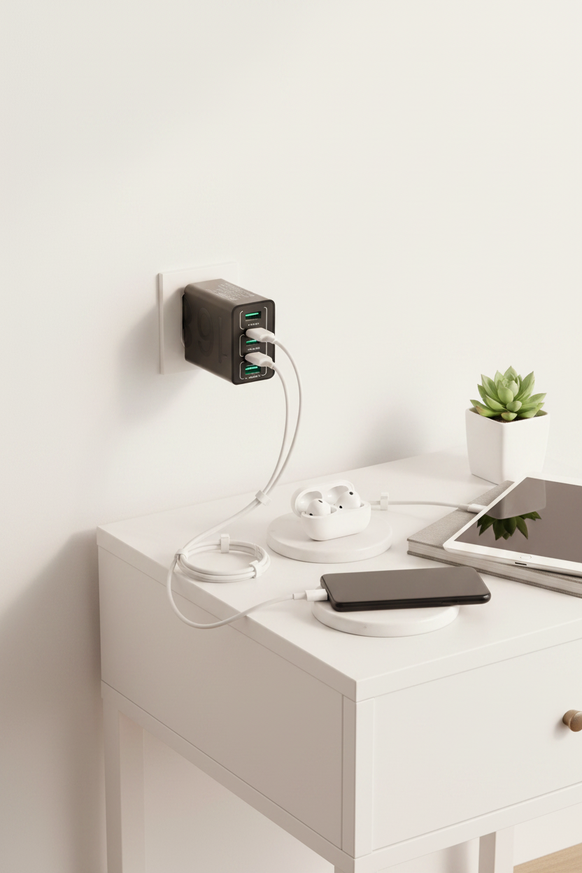 Black multi-port USB wall charger on white nightstand charging phone, earbuds and tablet simultaneously
