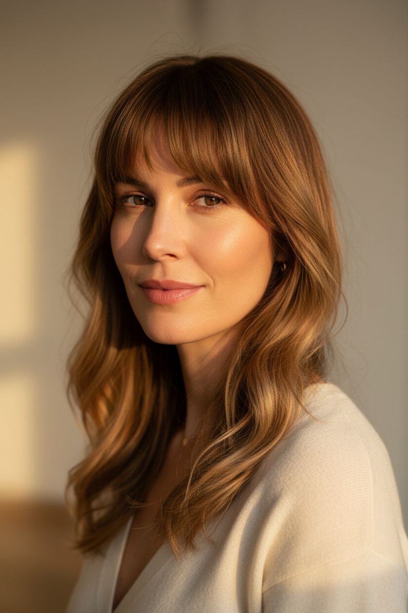 Woman wearing seamless clip-in bangs hair extensions with middle part