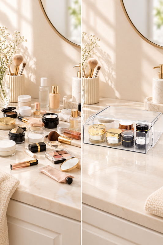 Before and after: makeup scattered on a vanity, then neatly organized in a clear drawer organizer.