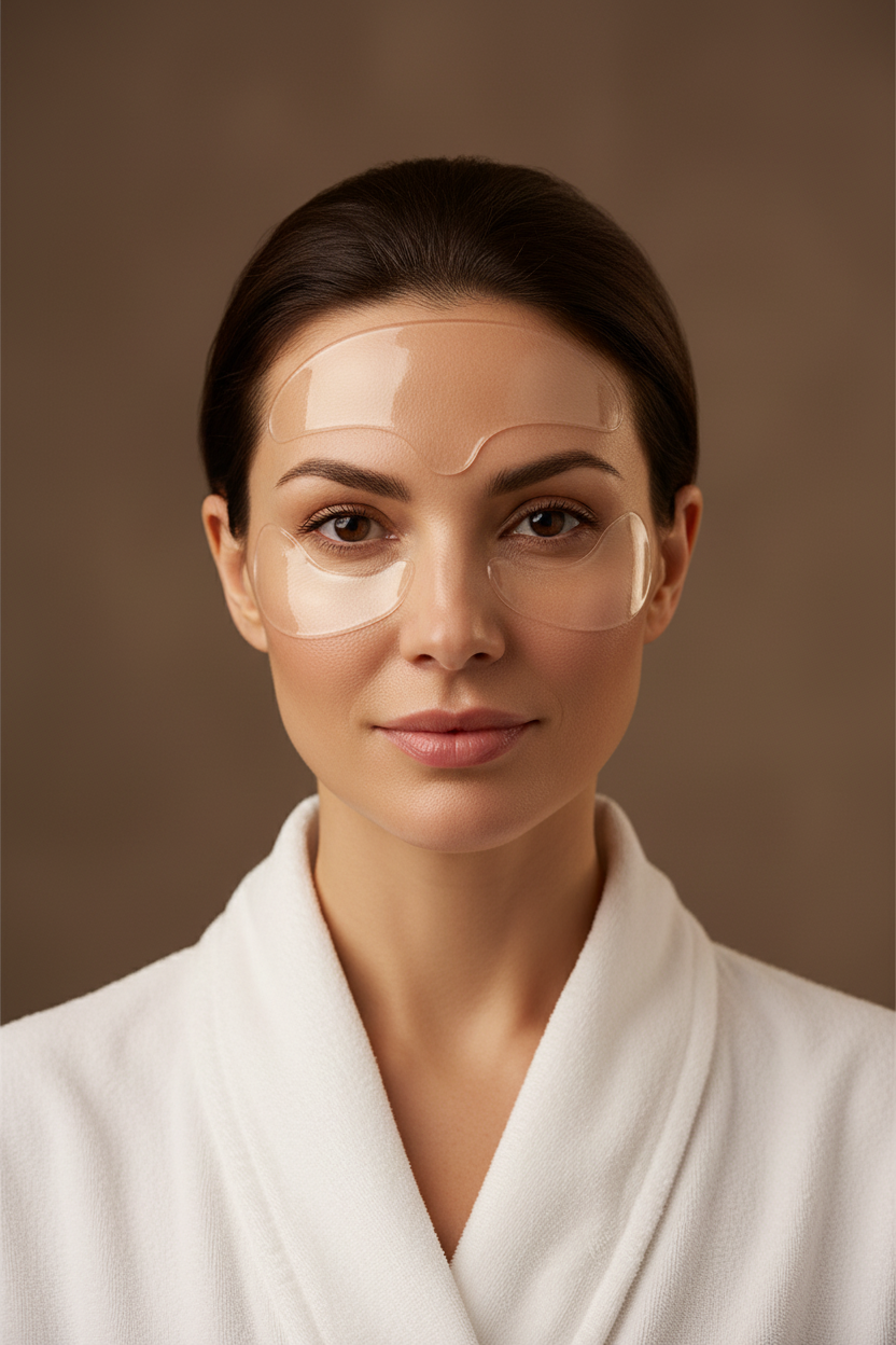 Woman wearing silicone anti-wrinkle patches on forehead and under eyes
