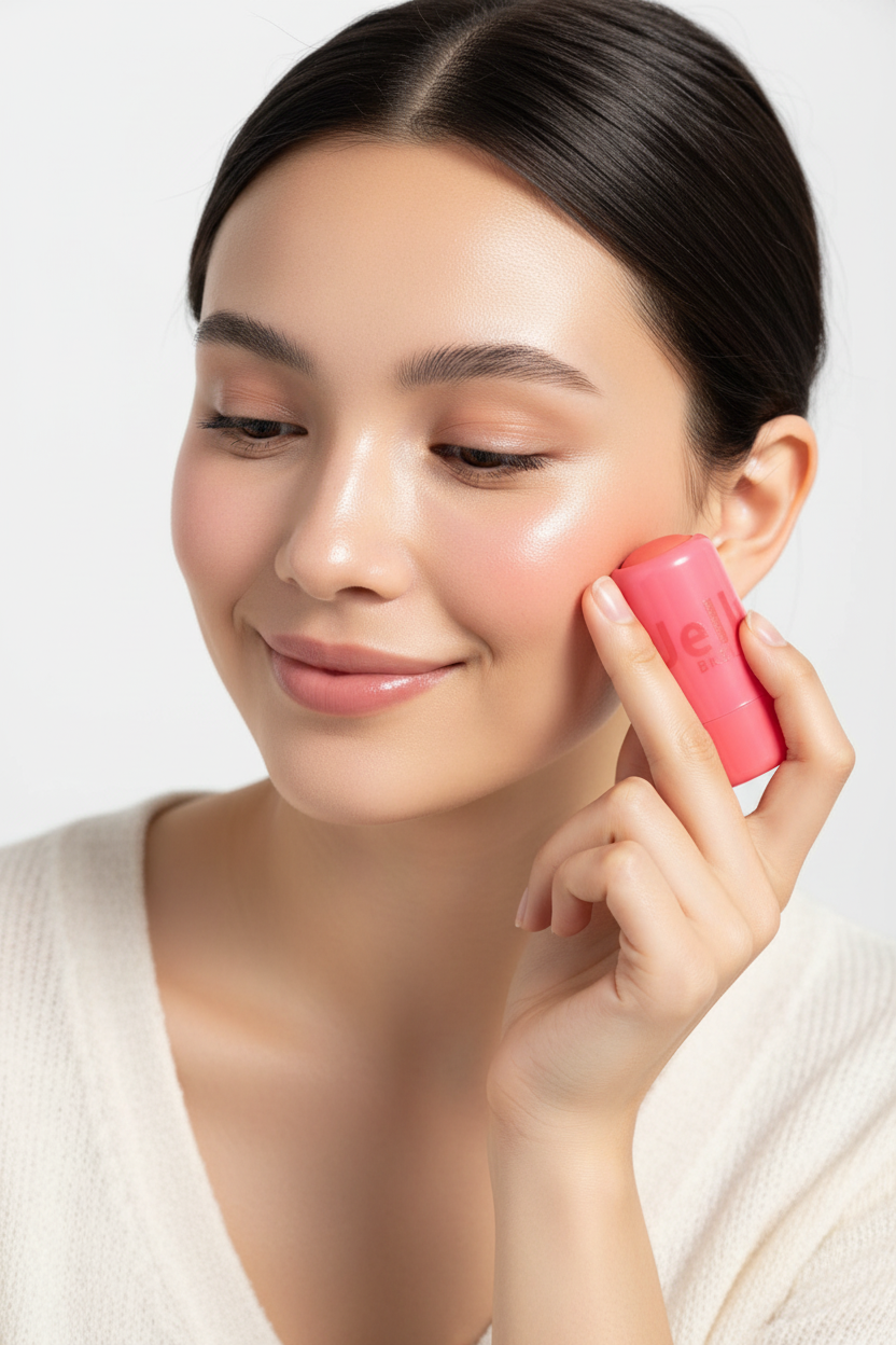 Woman applying jelly blush stick to cheek with natural rosy flush and glowy skin