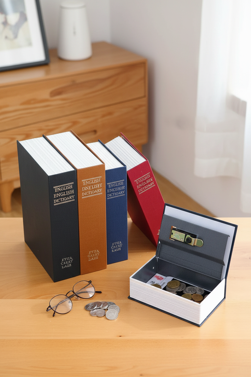 Dictionary book safes in multiple colors on wooden surface with one open showing hidden compartment with coins and glasses