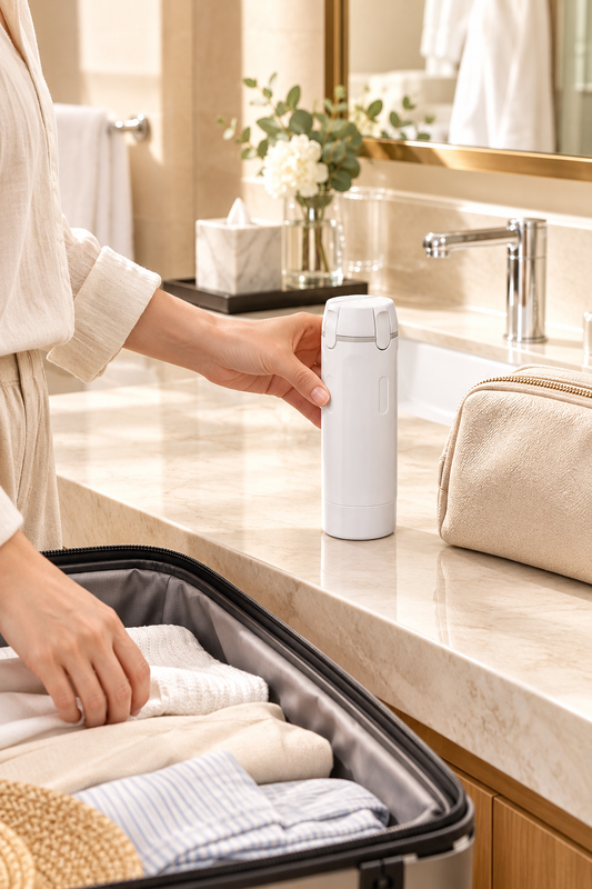 Traveler placing a white 4-in-1 refillable travel bottle dispenser on a hotel bathroom counter beside an open suitcase