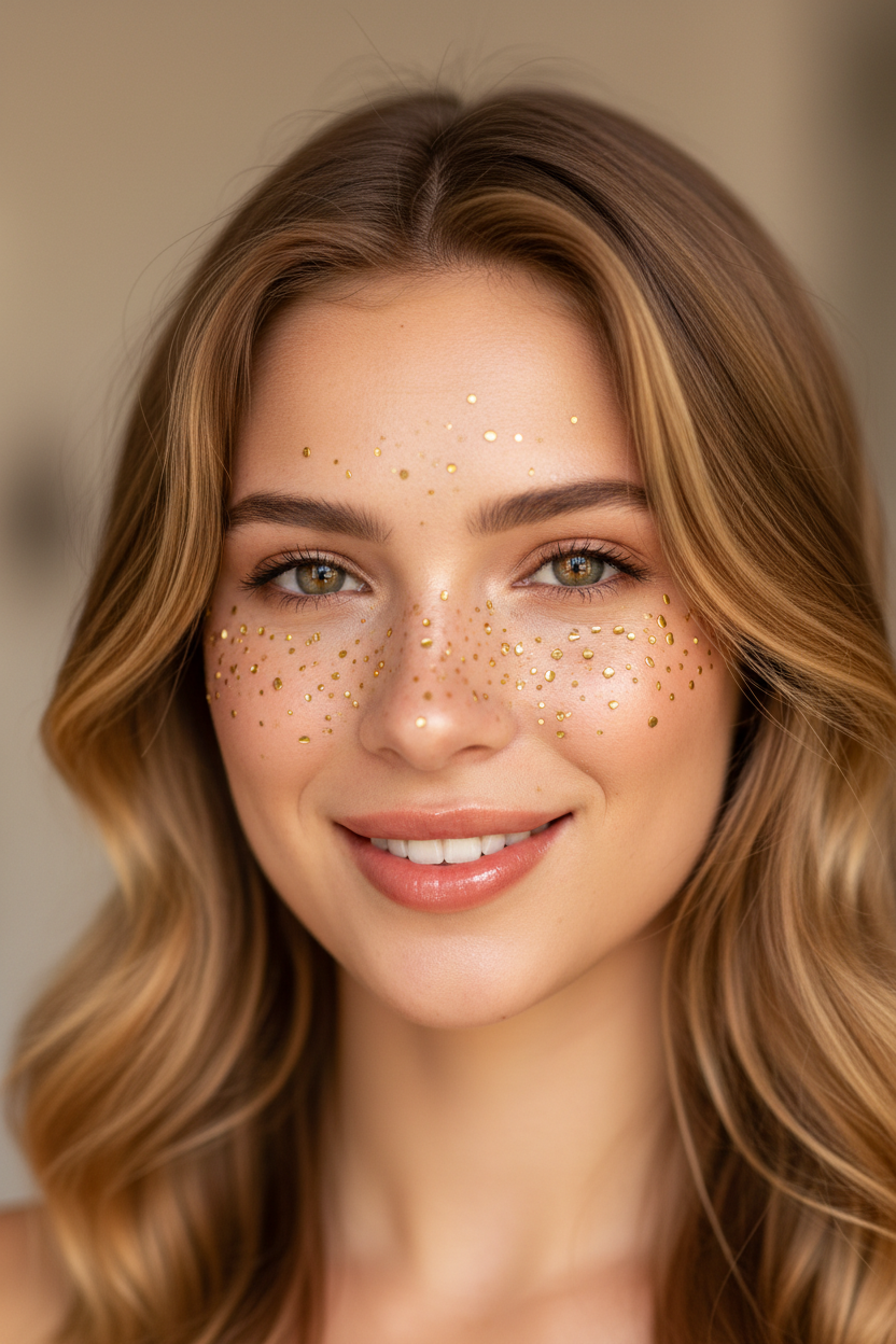 Woman with metallic gold freckles temporary tattoo patches on cheeks and nose