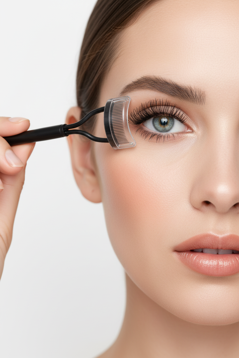 Woman using eyelash comb to separate and define long voluminous lashes