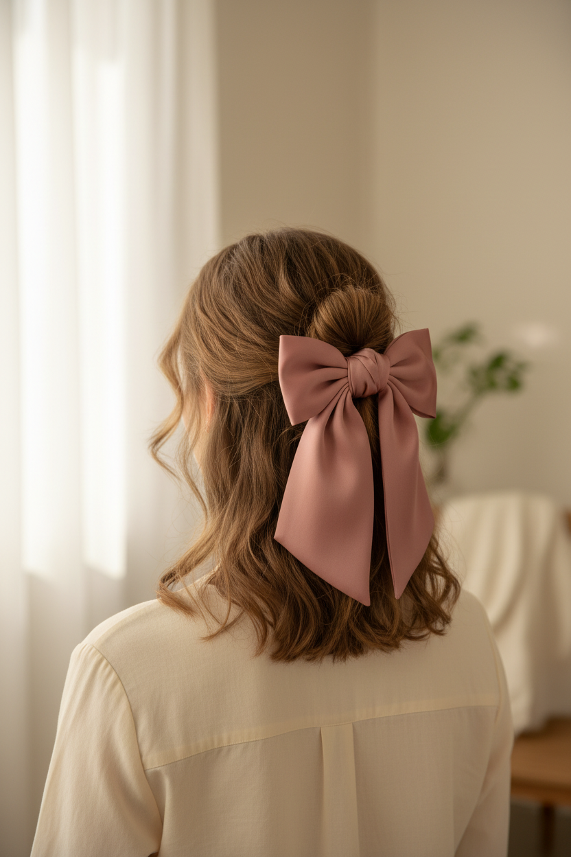 Woman from behind wearing a large dusty rose satin bow ribbon in her hair