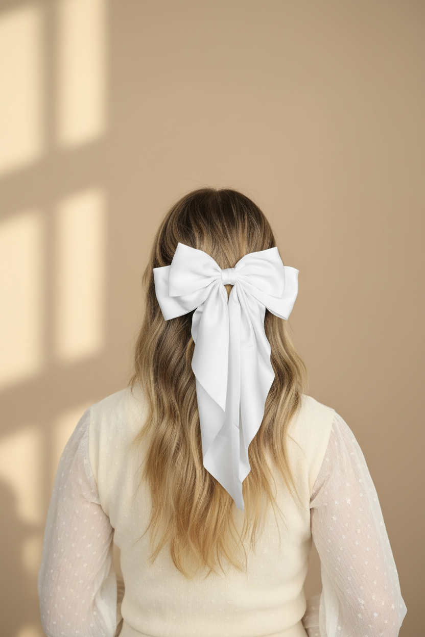 Woman from behind wearing a large white satin bow ribbon in her hair