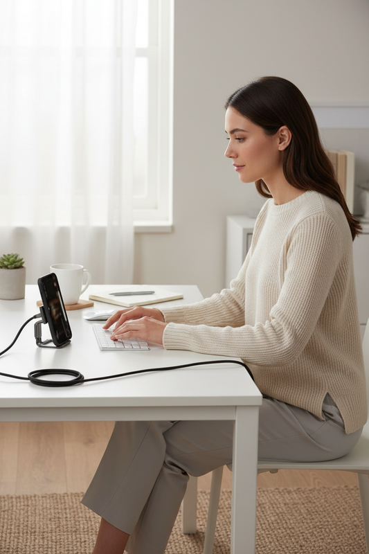 Woman at white desk with phone propped up hands-free using foldable stand charging cable