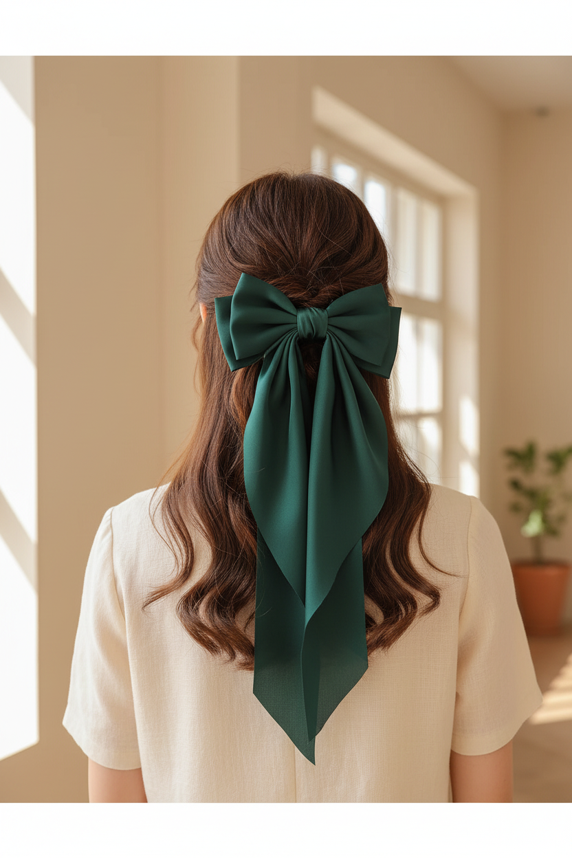 Woman from behind wearing a large elegant satin bow with long ribbon tails in her hair