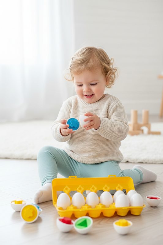 Toddler playing with colorful matching egg shape sorter toy on wooden floor in bright minimal playroom