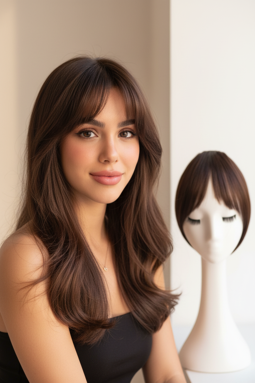 Woman wearing clip-in bangs hair extensions with middle part, natural seamless blend
