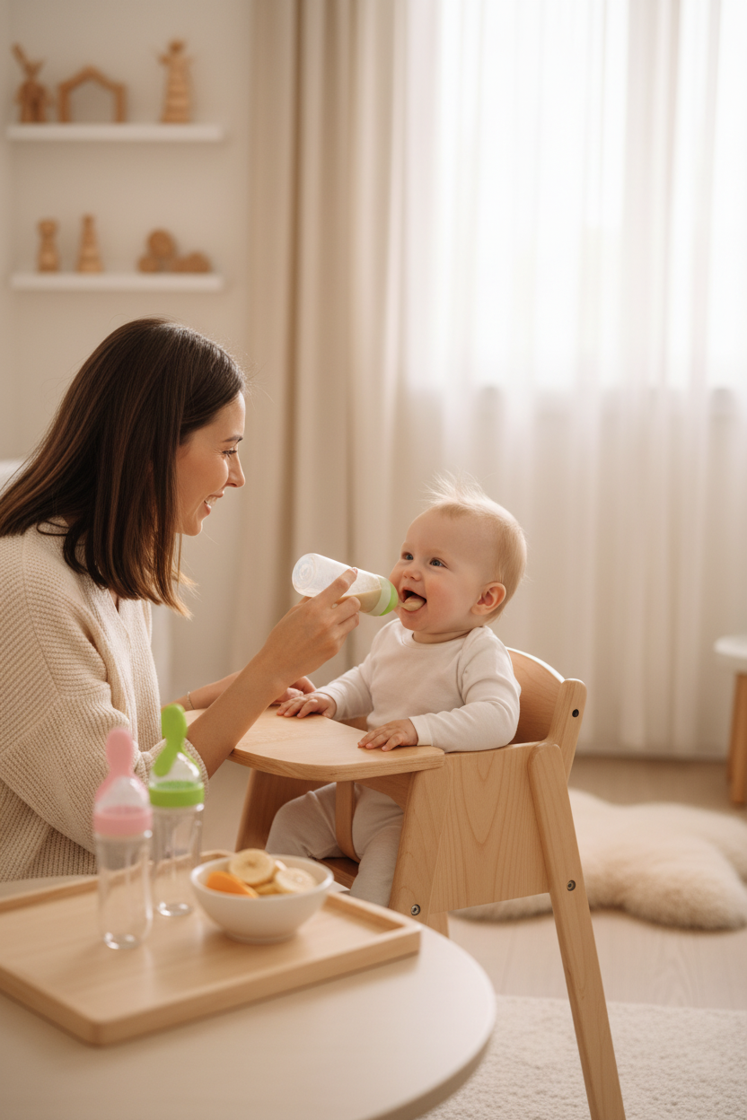 Mother feeding baby in high chair with colorful silicone squeeze bottle with spoon tip in bright home setting
