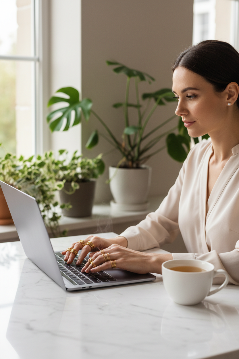 Woman working on laptop while using acupressure finger massage rings for stress relief