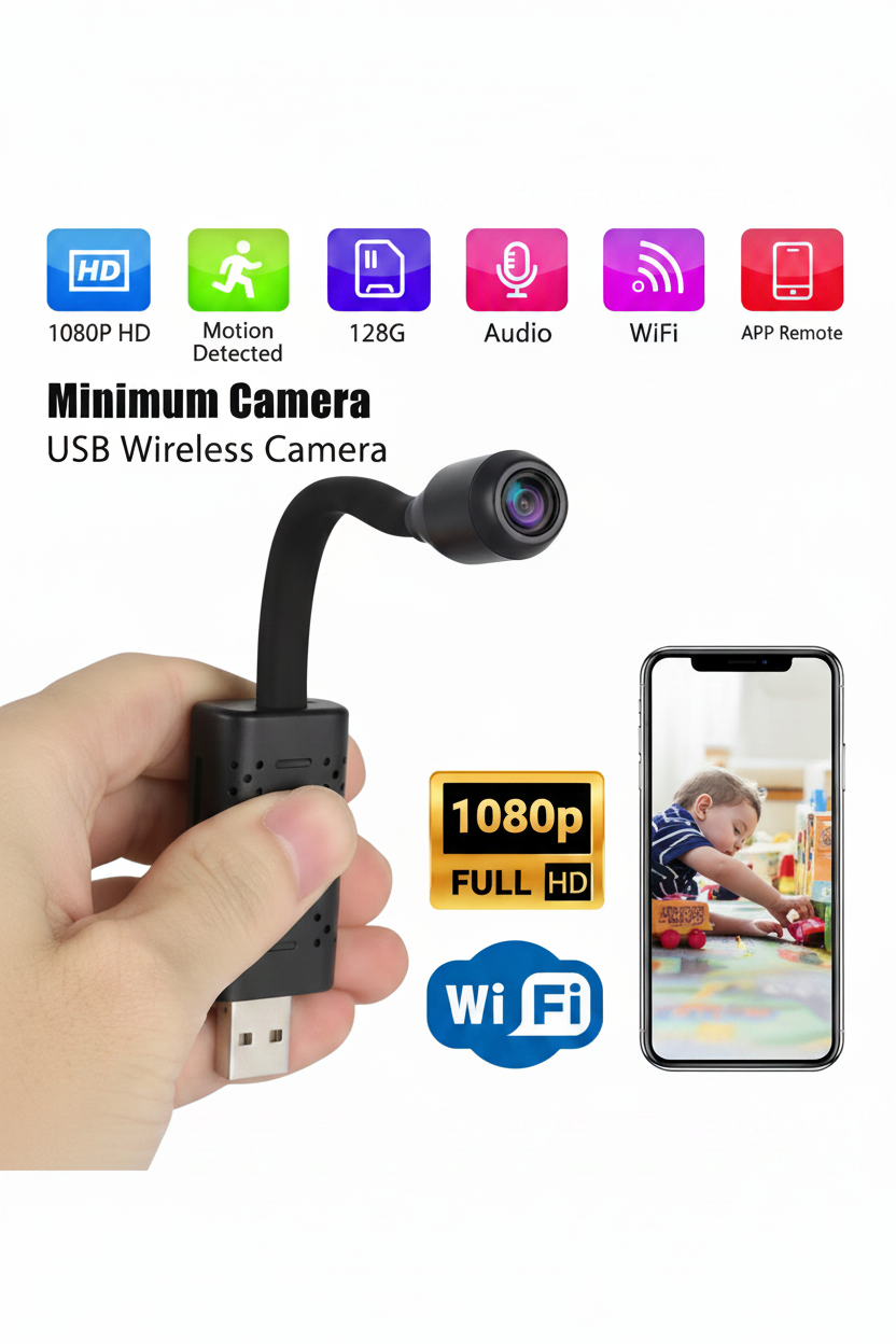 Flexible USB mini WiFi security camera with gooseneck neck, hand holding camera, smartphone live feed, white background