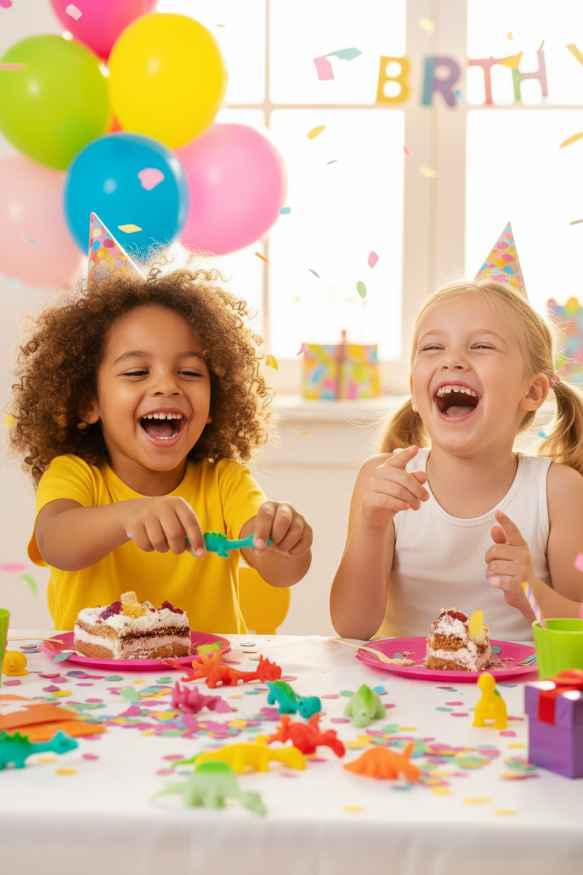 Two happy children at birthday party laughing and playing with colorful rubber finger catapult dinosaur toys