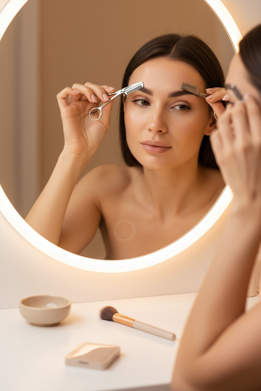 Woman grooming eyebrows with precision trimmer scissors at home vanity