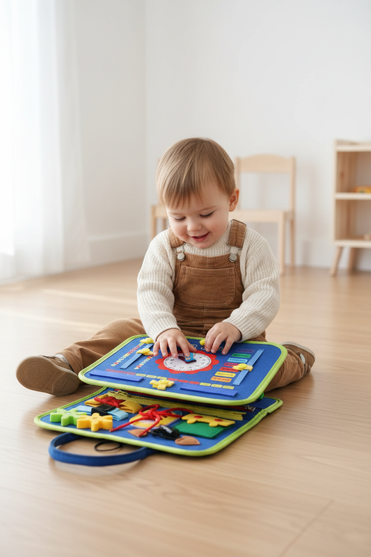Toddler playing with blue and green Montessori busy board on wooden floor in bright minimal playroom