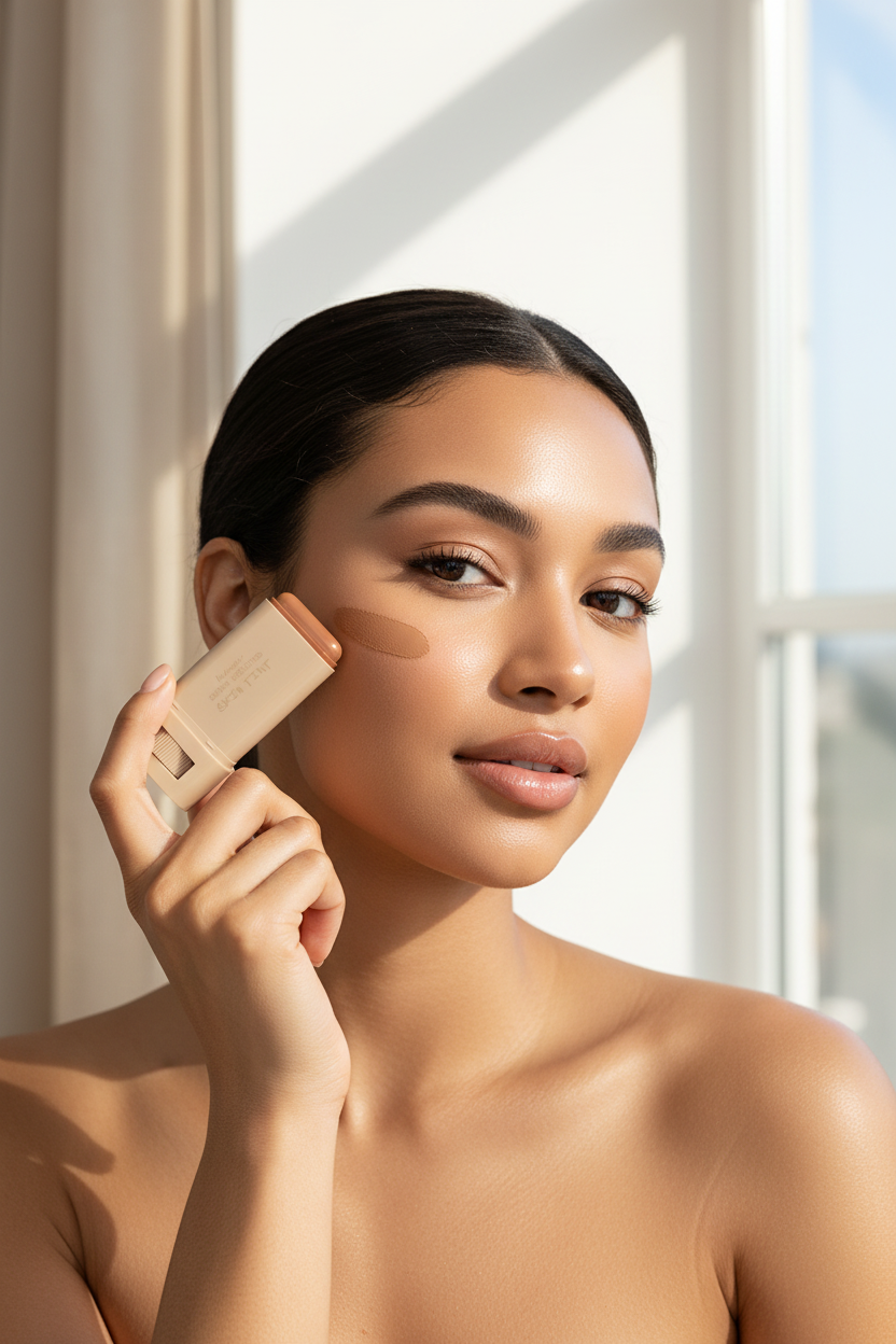 Woman applying skin tint foundation stick on cheekbone with glowing natural makeup look