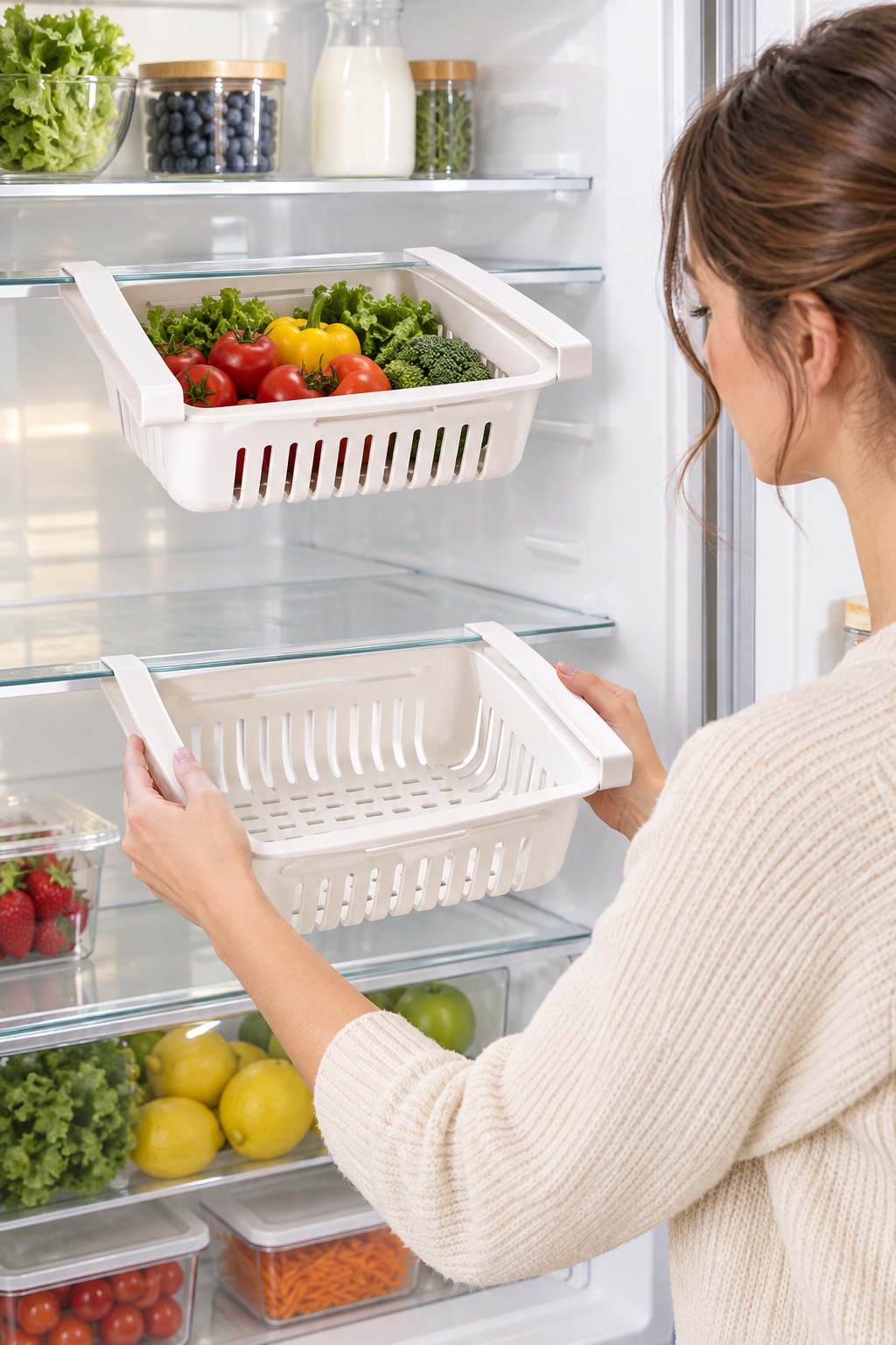 Woman placing two white adjustable hanging storage baskets in her refrigerator