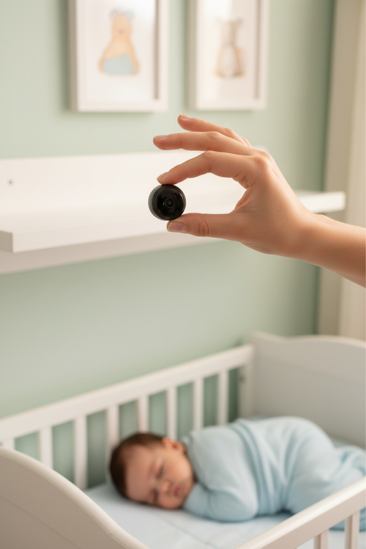 Hand placing tiny A9 mini WiFi security camera on nursery shelf near baby crib