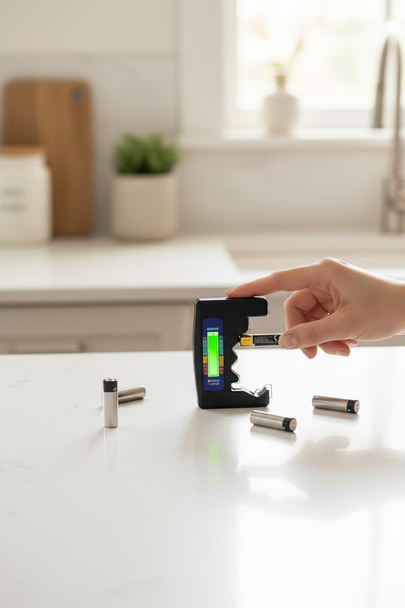 Hand holding digital battery tester with LCD display testing AA battery on white kitchen counter