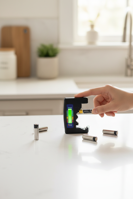 Hand holding digital battery tester with LCD display testing AA battery on white kitchen counter